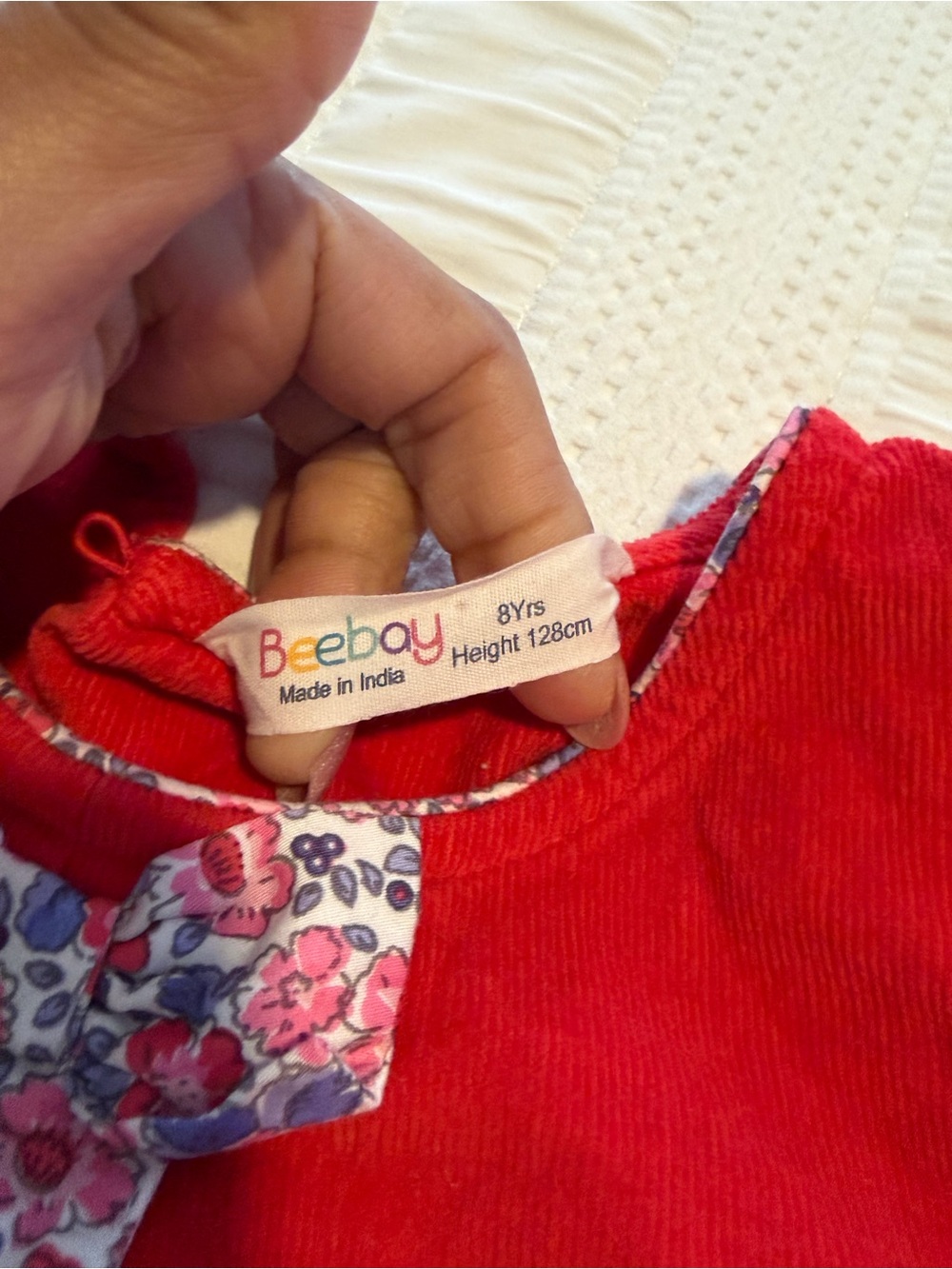 Beebay Red Corduroy Girls Dress with Floral Bow